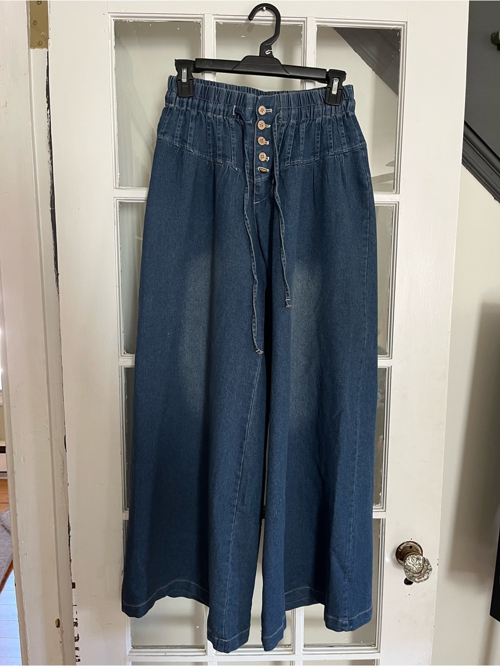 Wide Leg Dark Blue Denim Jeans with Drawstring Waist - Picture 2 of 2